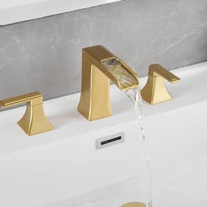 Modern 8 in. Widespread Double Handle Brass Bathroom Faucet with Pop Up Drain and Water Supply Hoses in Brushed Gold