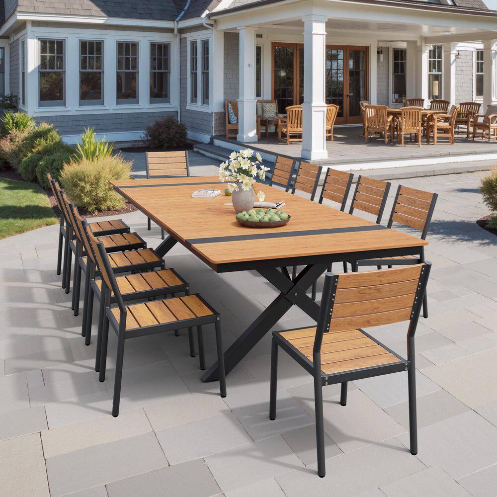 Brown 13-Piece 118 in. Aluminum Wood-Like Rectangular Patio Outdoor Dining Set with Stackable Chairs and Umbrella Hole price history on PriceWatchPro