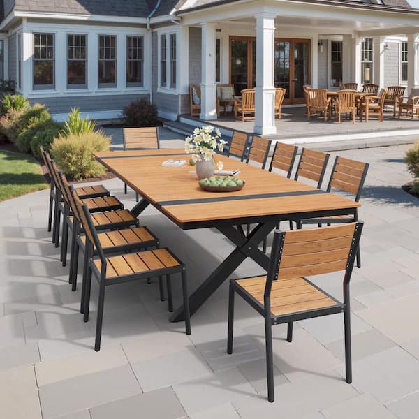 Brown 13-Piece 118 in. Aluminum Wood-Like Rectangular Patio Outdoor Dining Set with Stackable Chairs and Umbrella Hole