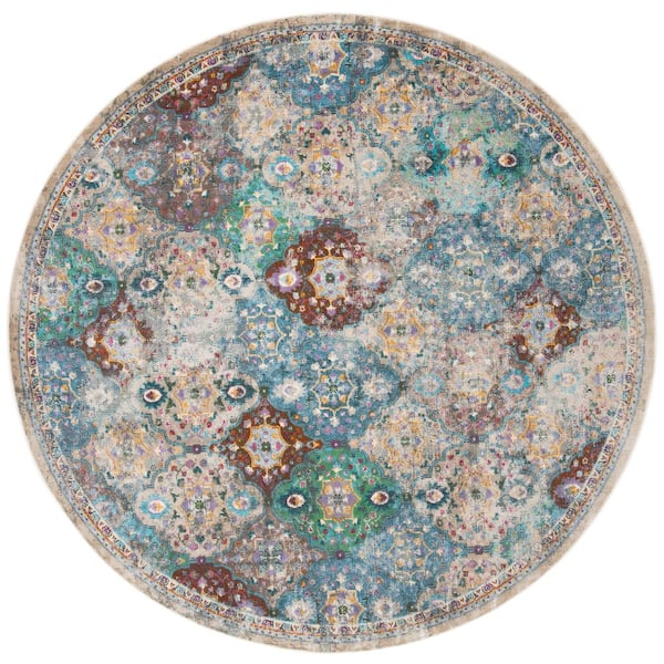 SAFAVIEH Luxor Ivory/Turquoise 7 ft. x 7 ft. Border Medallion Trellis Round Area Rug