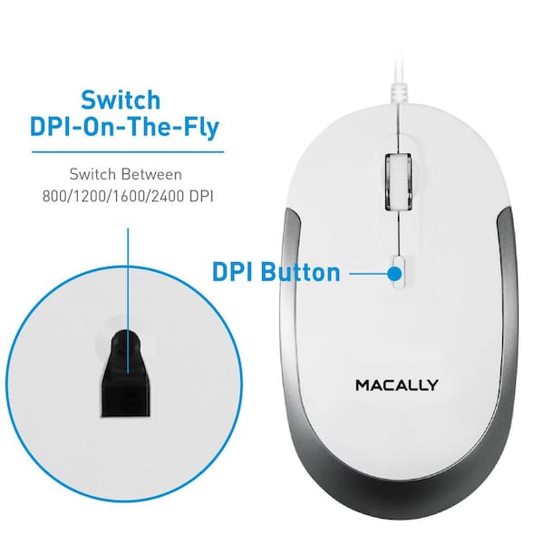 Designed with Optical Sensor & DPI Switch Slim & Compact USB Mouse for Apple Mac or Windows PC Laptop/Desktop Macally Silent Wired Mouse White Simple & Comfortable Wired Computer Mouse 