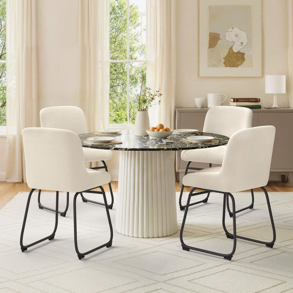 Sled Base Iron Fabric Dining Chair, Beige Linen Upholstery Dining Room Side Chair (2-Pack)