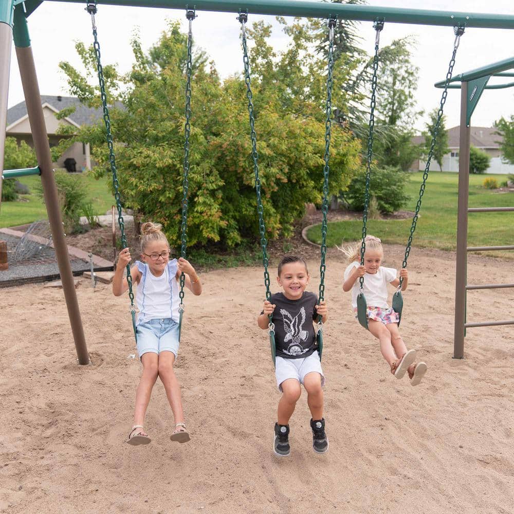 Green and Brown Metal Monkey Bar Swing Set with Slide