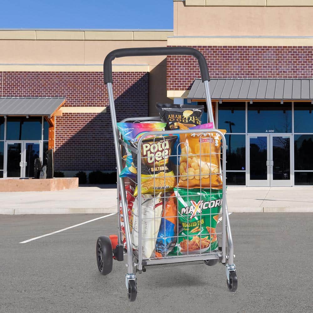 Silver Foldable Utility Shopping Cart with Swivel Wheels