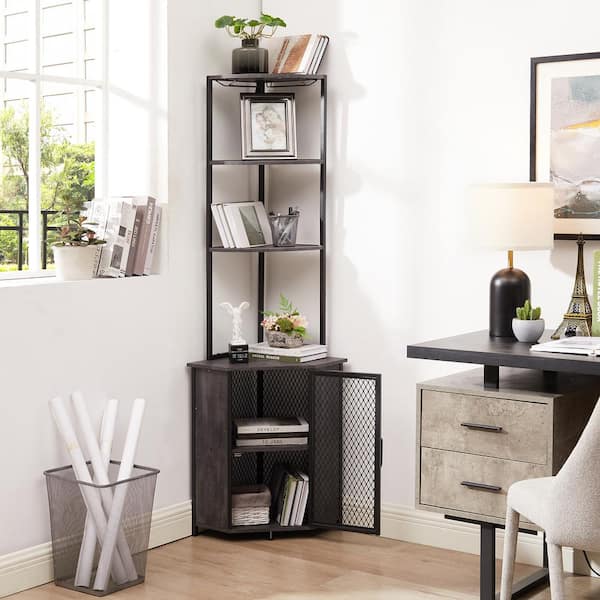 VECELO 6-Tier Corner Shelf with Storage Cabinet, Tall Display Bookcase with Wine Glass Holder for Living Room, Gray
