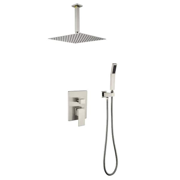 WELLFOR 2-Spray Dual Shower Head 12 in. Ceiling Mount Fixed and Handheld Shower Head 2.5 GPM in Brushed Nickel (Valve Included)
