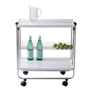 White/Chrome 27 in. H Small Modern Folding Kitchen Cart with Metal Basket