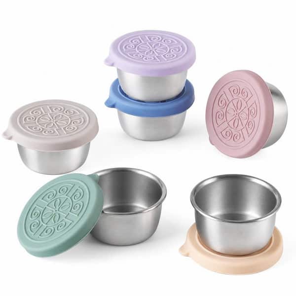 6 Pack 1.6 oz. Stainless Steel Condiment Containers with Leakproof Silicone Lids in Mixed Colors