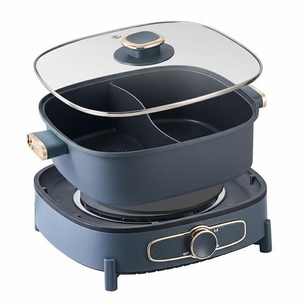 Stainless Steel 5.5 L Square Electric Stock Pot Diamond Non-Stick Dual Sided Removable Divider Multi-Power Control
