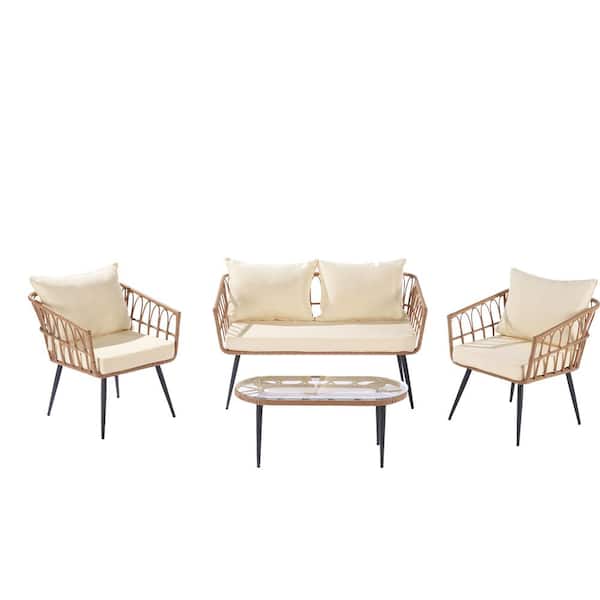 Siavonce 4-Pieces Wicker Outdoor Garden Rattan Furniture Sofa Sectional Set with Beige Cushion