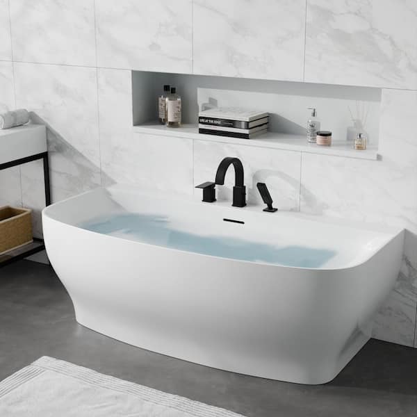 Bank Series 65 in. x 31 in. Flat Bottom Acrylic Freestanding Soaking Bathtub with Center Drain, Matte Black Faucet