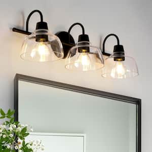Modern Industrial Black Bathroom Vanity Light, 24.5 in. 3-Light Minimalist Bell Wall Sconce with Clear Glass Shades