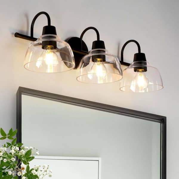 Uolfin Modern Industrial Black Bathroom Vanity Light, 24.5 in. 3-Light Minimalist Bell Wall Sconce with Clear Glass Shades