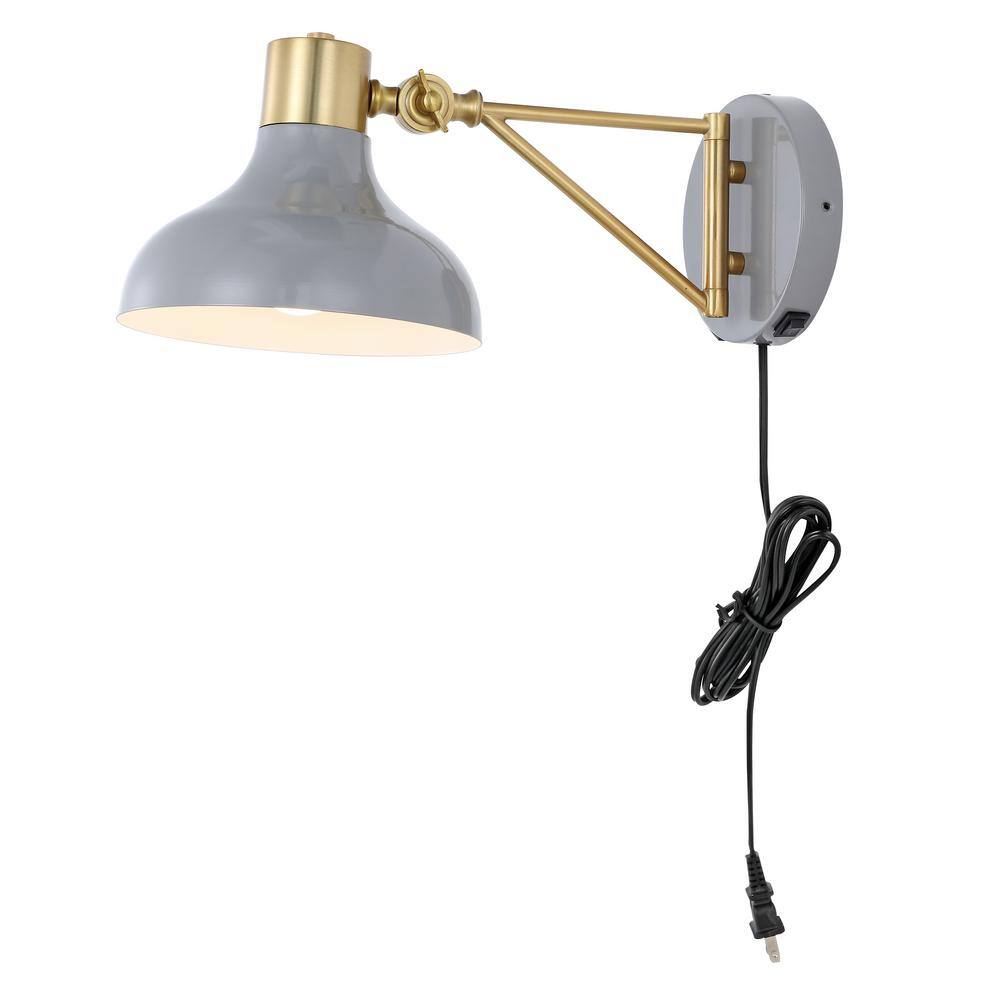 Gray and Brass Gold Swing Arm Wall Sconce with USB Port
