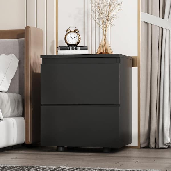 FUFU&GAGA Black 2-Drawer Wood Grain Nightstands Side Table Bedside