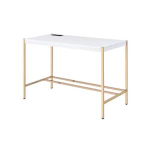 20 in. Rectangular White and Gold Wood Top 0-Drawer Writing Desk with USB Dock and Metal Legs