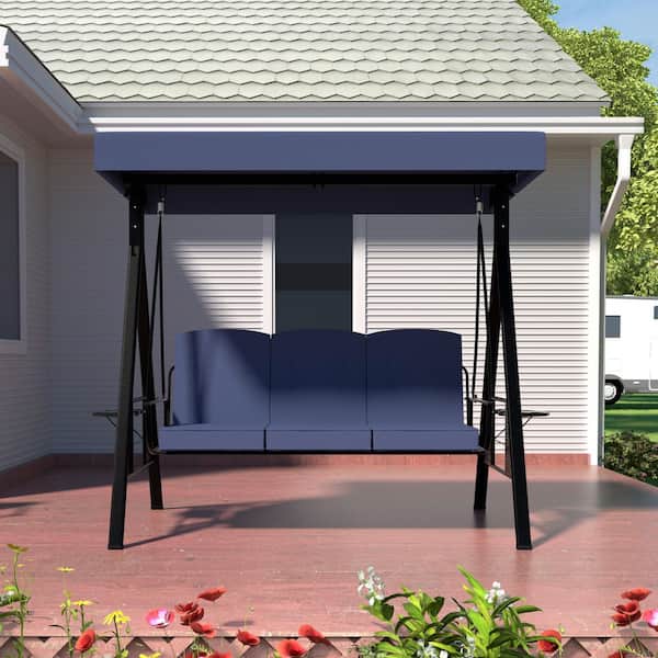 3-Person Metal Outdoor Patio Swing Chair with Convertible Canopy, Cushion and Side Tray, Navy Blue
