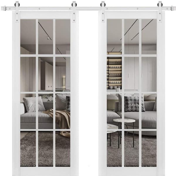 Sartodoors 36 in. x 80 in. 2 Panel Clear Glass White Solid Wood Sliding Barn Door with Hardware Kit