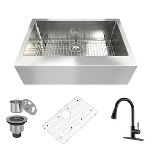 33 in. Farmhouse Apron-Front Single Bowl 18-Gauge Stainless Steel Kitchen Sink with Faucet, Bottom Grid, Strainer Basket