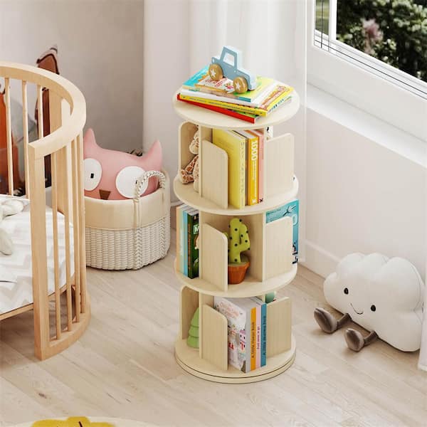 1-Piece 38.5 in. Tall Natural Engineered Wood 3-Shelf Rotating Accent Bookcase 360° Display Rack w/ Anti-Falling Baffles