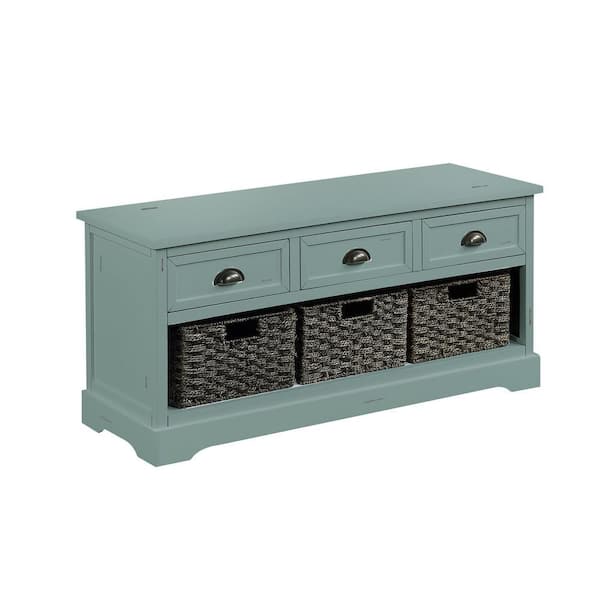 JASMODER Green Wood Storage Bench with 3-Drawers and 3 Woven Baskets (19.5 in. x 41.9 in. x 15.2 in.)