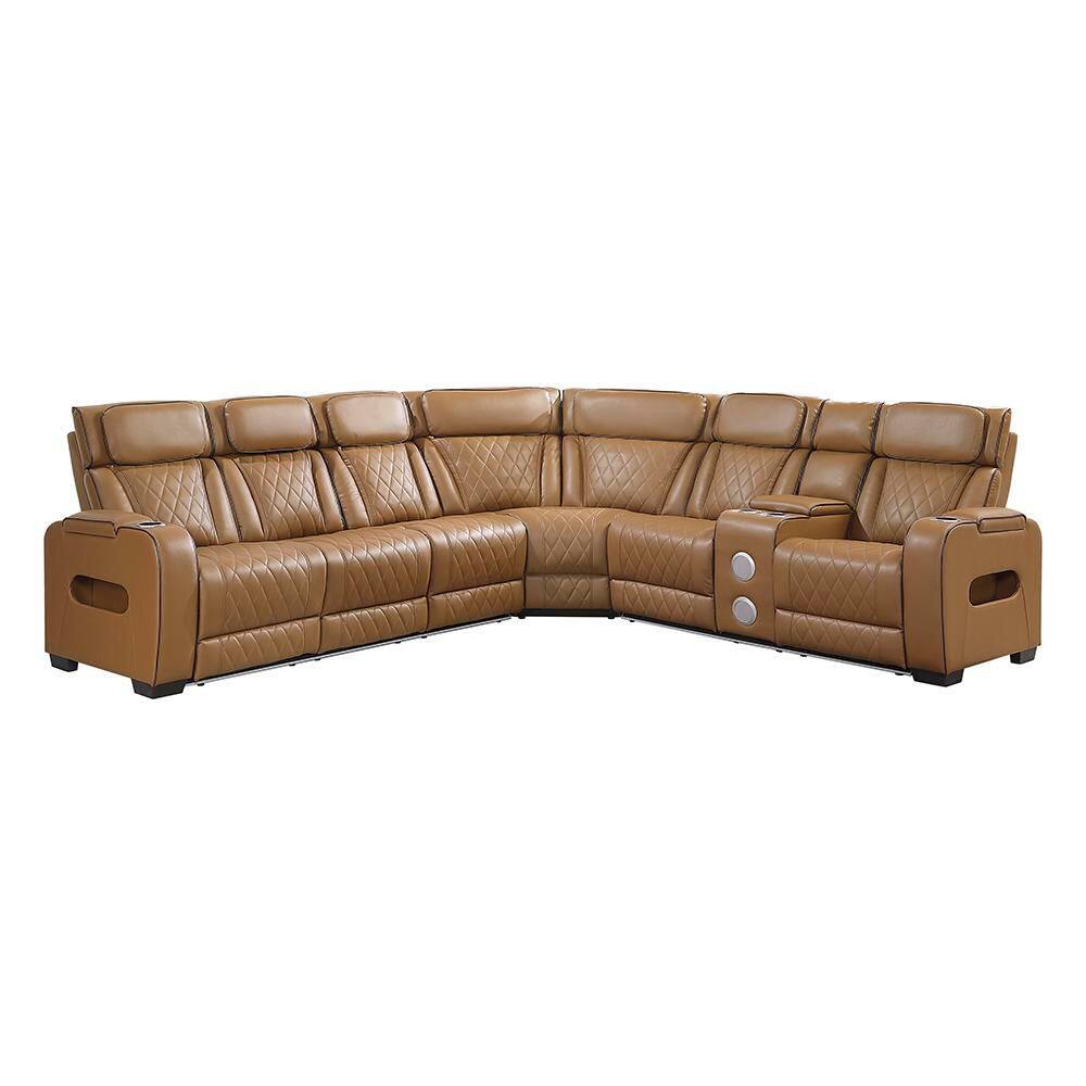 Clumber 128 in. Pillow Top Arm Faux Leather 3-Piece Power Reclining Sectional Sofa with Right Side Console in Brown