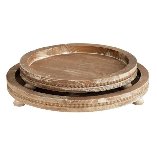 Brown Wood 16 in. Round Decorative Coffee Table Tray 2 Piece