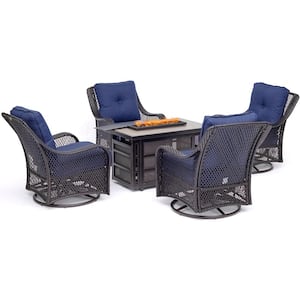 Orleans 5-Piece Wicker Patio Fire Pit Seating Set with Navy Blue Cushions