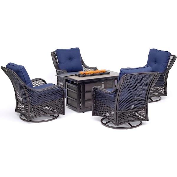 Hanover Orleans 5-Piece Wicker Patio Fire Pit Seating Set with Navy Blue Cushions
