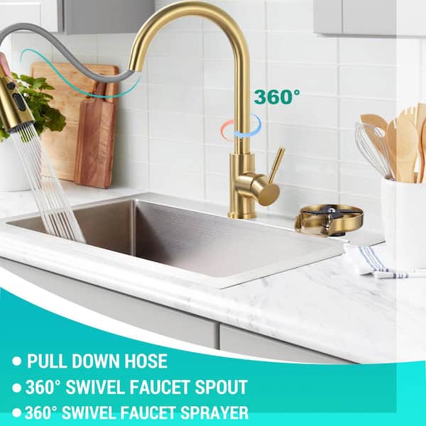 Stainless Steel Single Handle Pull Down Sprayer Kitchen Faucet with 3-Modes Sprayer and Glass Rinse in Brushed Gold