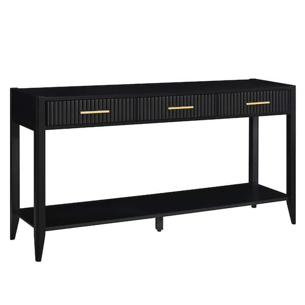 Polibi 60 in. Black Rectangle Wood Console Table with Vertical Stripe Drawers, Long Legs, Suitable