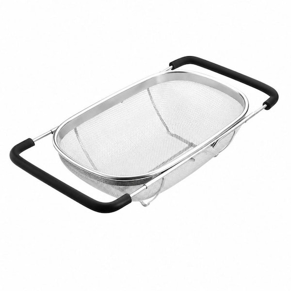 Collapsible Stainless Steel Over-Sink Colander with Expandable Rubber Handles and Fine Mesh