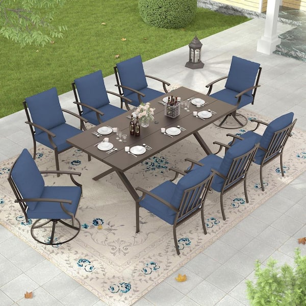 9-Piece Metal Rectangular Outdoor Patio Dining Set with 2 Swivel Chairs, 6 fixed Chairs, Navy