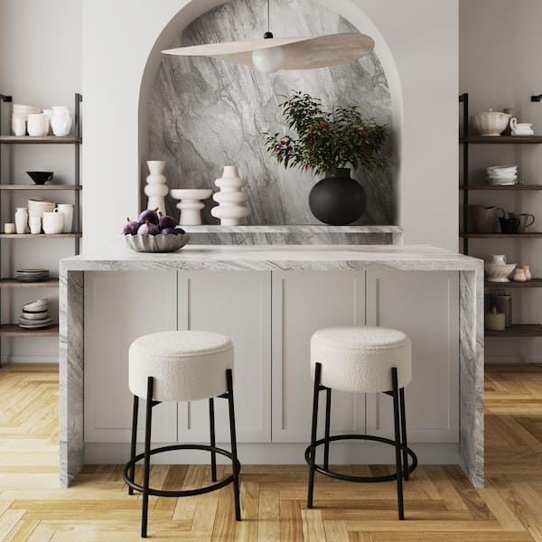 Isaac 24 in. Boucle White Backless Metal Counter Stool with Boucle Upholstered Seat Cushion and Metal Frame, Set of 2