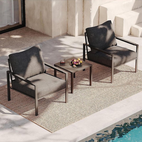 AURA OUTDOOR 3-Piece Rattan Outdoor Furniture Set with Grey Padded Cushions and Coffee Table
