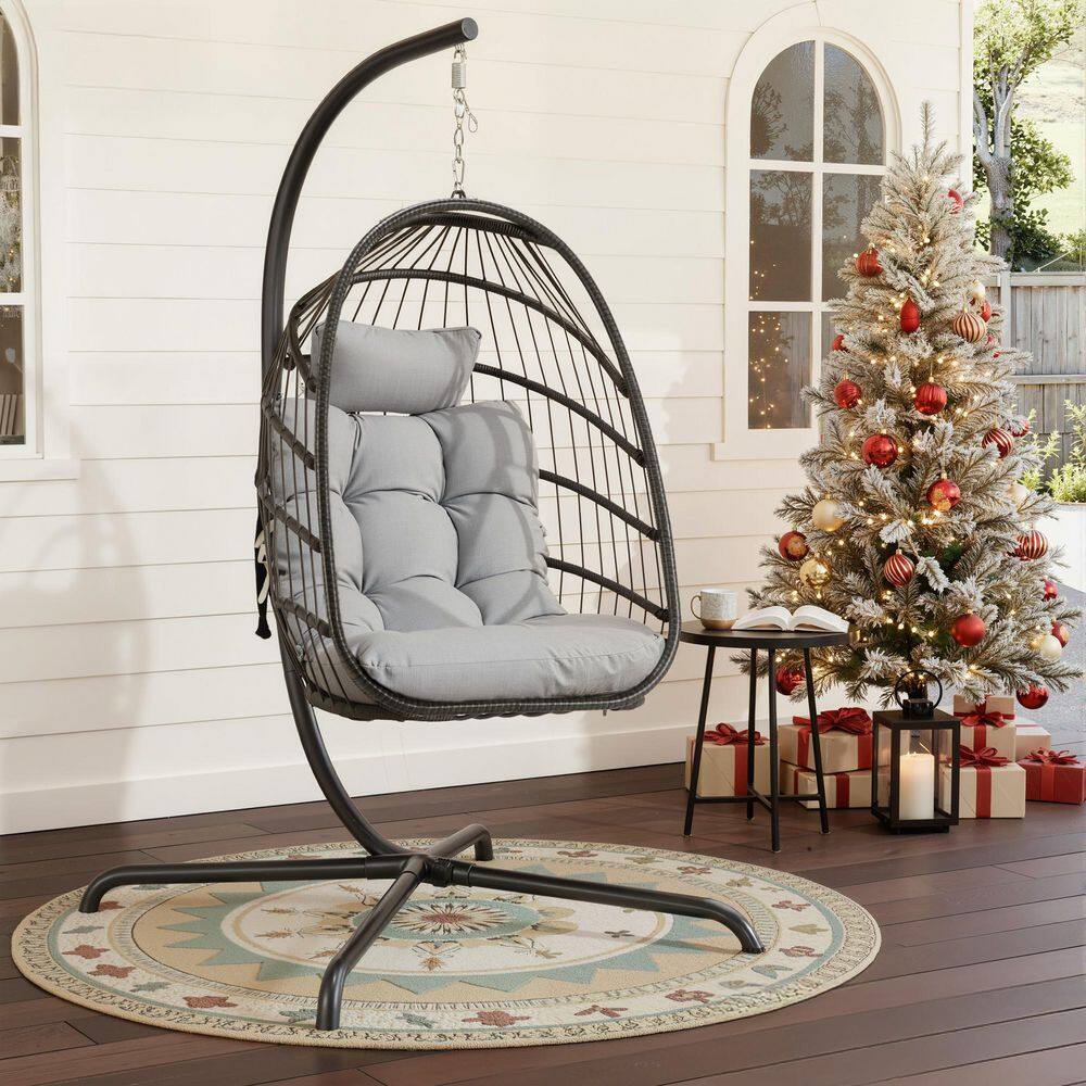 1-Person 350 lbs. Capacity Foldable Gray Wicker Egg Porch Swing Chair with Steel Stand and Light Gray Cushion for Patio price history on PriceWatchPro