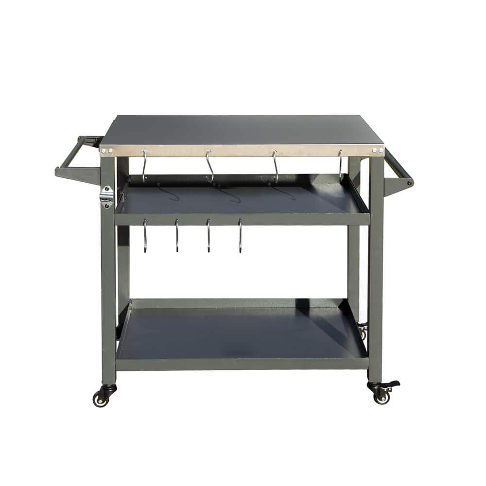 Gray Outdoor Grill Cart W/Wheels/Paper Towel Holder/Propane Tank Hook/Bottl