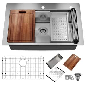 33 in. Drop-In Single Bowl 18 Gauge Stainless Steel Kitchen Sink with, Bottom Grid, Colander, Drain and accessories