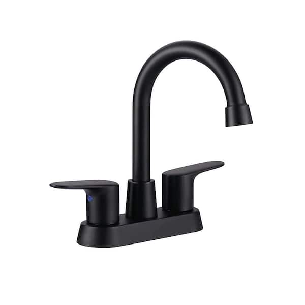 IVIGA 4 in. Centerset Double Handle High Arc Bathroom Faucet with Drain Kit in Matte Black
