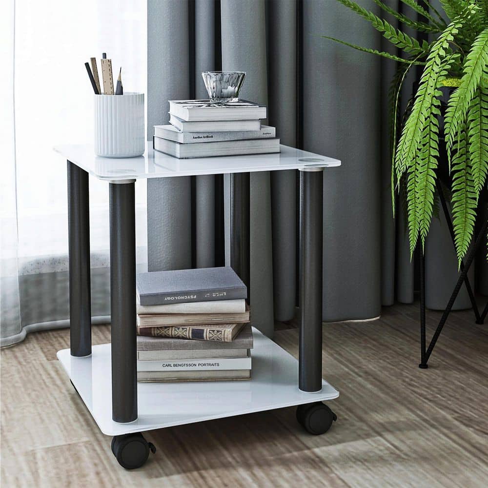 Tileon White Glass Nightstand with Wheels, Square Sofa Side Table with