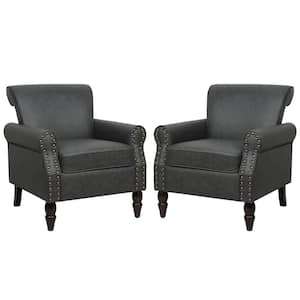 Black PU Leather Nailhead Trim Upholstered Accent Armchair With Solid Wood Legs(Set of 2)