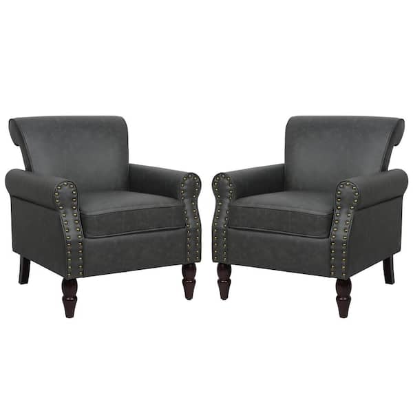 Uixe Black PU Leather Nailhead Trim Upholstered Accent Armchair With Solid Wood Legs(Set of 2)