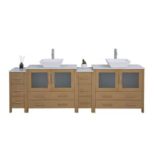 96 in. W Double Basin Natural Oak Bath Vanity with White Engineered Marble Top and Mirror