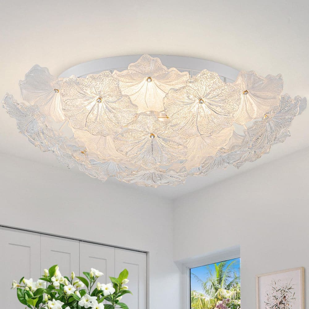 24.41 in. Luxury Matte White Metal Integrated LED Flush Mount Ceiling Light with Flower Glass Shades for Entryway price history on PriceWatchPro