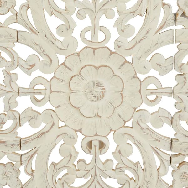 Wood Beige Handmade Intricately Carved Floral Wall Decor with Mandala Design (Set of 3)