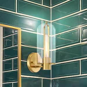 Skylar 5.25 in. 1-Light Brushed Gold Wall Sconce Light with Clear Glass Shade for Bathrooms