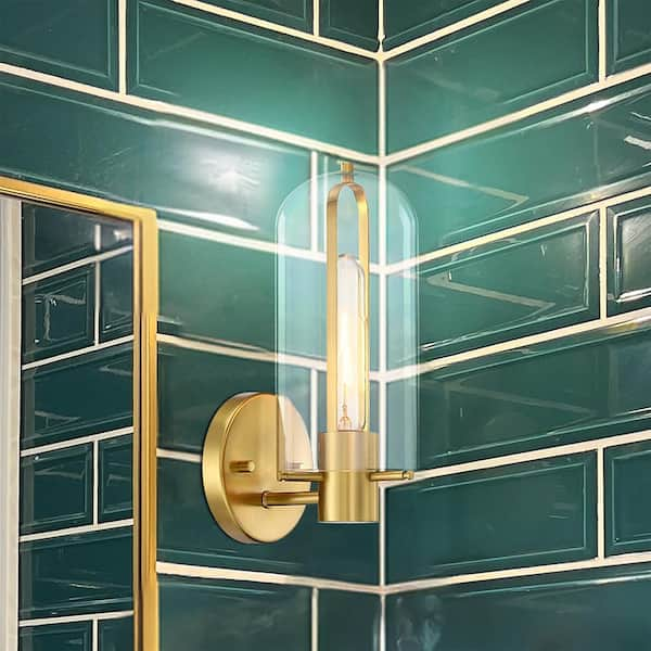 Skylar 5.25 in. 1-Light Brushed Gold Wall Sconce Light with Clear Glass Shade for Bathrooms