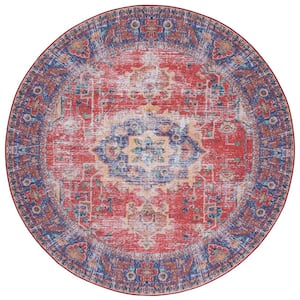 Tucson Red/Navy 6 ft. x 6 ft. Machine Washable Medallion Floral Distressed Round Area Rug