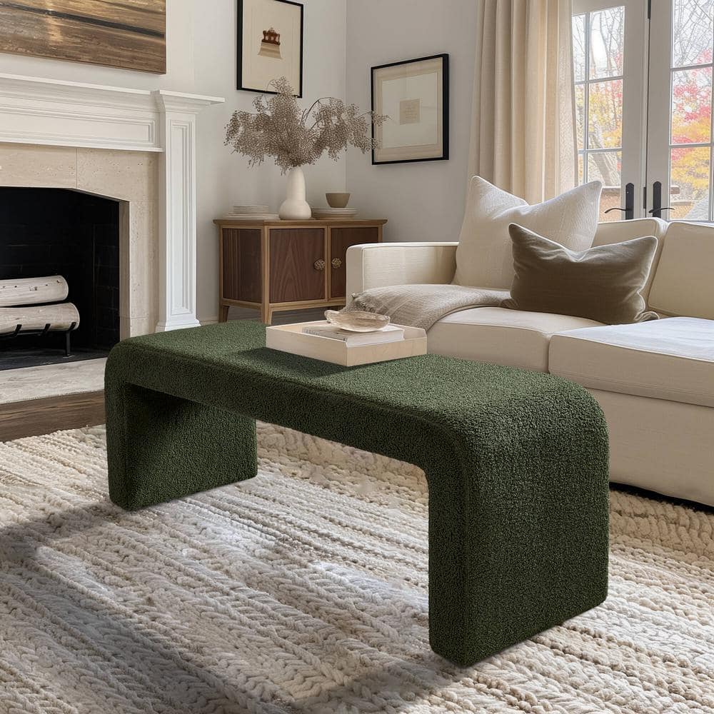 Green Boucle Upholstered Waterfall Bench 52" Wide