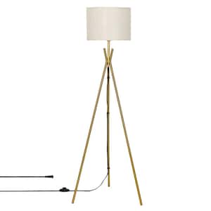 52 in. White Gold Modern Metal 1-Light Tripod Floor Lamp with Linen Cloth Drum Shade Foot Switch for Living Room